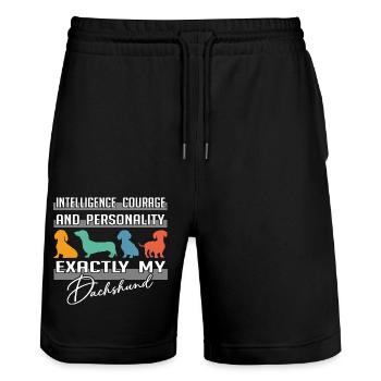 Intelligence, courage, personality - exactly my dachshund - Stanley/Stella Trainer Unisex Organic Jogging Shorts - black - Front - Nik (191cm) & Marisol (170cm)