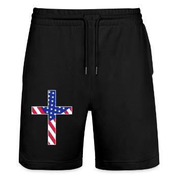 usa america flag stars stripes united staa - Stanley/Stella Trainer Unisex Organic Jogging Shorts - black - Front - Nik (191cm) & Marisol (170cm)