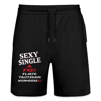 Single Sexy Frei Flirte Woanders!!! - Stanley/Stella Unisex Bio Joggingshorts Trainer  - Schwarz - Vorne - Nik (191cm) & Marisol (170cm)