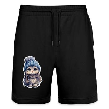 Cat in the snow with hat and scarf - Stanley/Stella Trainer Unisex Organic Jogging Shorts - black - Front - Nik (191cm) & Marisol (170cm)
