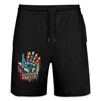 "Klatsche on the Fresse" Dual-Font Cyberpunk Tee - Stanley/Stella Unisex Bio Joggingshorts Trainer  - Schwarz - Vorne - Nik (191cm) & Marisol (170cm)