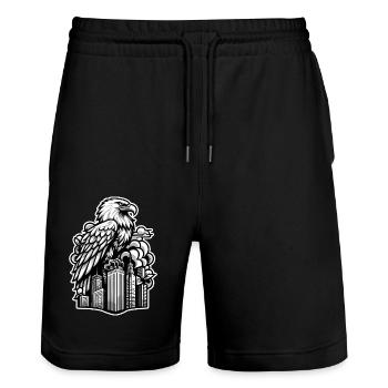 Eagle Outline Illustration - Stanley/Stella Trainer Unisex Organic Jogging Shorts - black - Front - Nik (191cm) & Marisol (170cm)