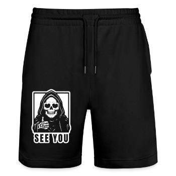 Drôle de Faucheuse « See You » - Short de jogging bio TRAINER Stanley/Stella unisexe - noir - Devant - Nik (191cm) & Marisol (170cm)