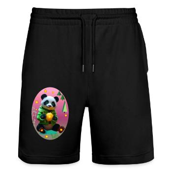 Cyber Panda mit Neon Zitrone - Stanley/Stella Unisex Bio Joggingshorts Trainer  - Schwarz - Vorne - Nik (191cm) & Marisol (170cm)