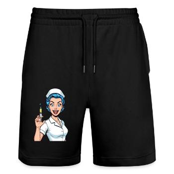 Infirmière folle bande dessinée Pop Art seringue - Short de jogging bio TRAINER Stanley/Stella unisexe - noir - Devant - Nik (191cm) & Marisol (170cm)