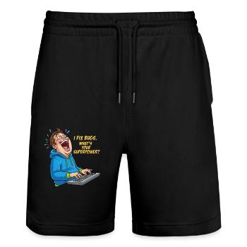 Bugfixer Power: Dein Superhelden-Skill! - Stanley/Stella Unisex Bio Joggingshorts Trainer  - Schwarz - Vorne - Nik (191cm) & Marisol (170cm)