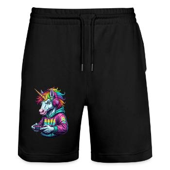 Unicorn Gamer: Retro gamer fun! - Stanley/Stella Trainer Unisex Organic Jogging Shorts - black - Front - Nik (191cm) & Marisol (170cm)