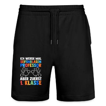 Kiata Abschied Erste Klasse Einschulung Schulkind - Stanley/Stella Unisex Bio Joggingshorts Trainer  - Schwarz - Vorne - Nik (191cm) & Marisol (170cm)