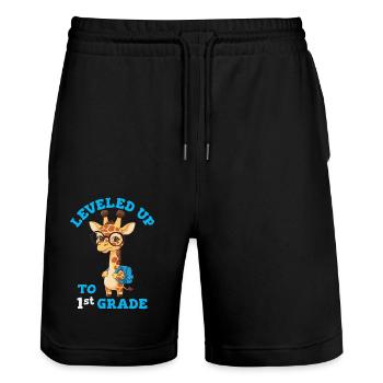 Leveled up to 1st Grade - Funny Giraffe - Stanley/Stella Trainer Unisex Organic Jogging Shorts - black - Front - Nik (191cm) & Marisol (170cm)