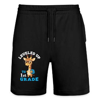 Leveled up to 1st Grade - Funny Giraffe - Stanley/Stella Trainer Unisex Organic Jogging Shorts - black - Front - Nik (191cm) & Marisol (170cm)
