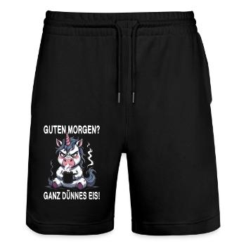 Guten Morgen ganz dünnes Eis Morgenmuffel Einhorn - Stanley/Stella Unisex Bio Joggingshorts Trainer  - Schwarz - Vorne - Nik (191cm) & Marisol (170cm)