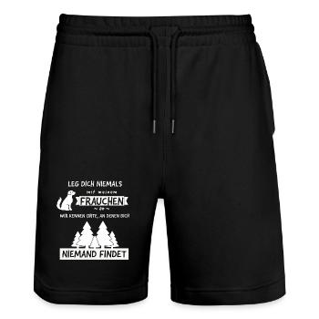 Leg dich nie mit Frauchen an Spruch Lustig - Stanley/Stella Unisex Bio Joggingshorts Trainer  - Schwarz - Vorne - Nik (191cm) & Marisol (170cm)