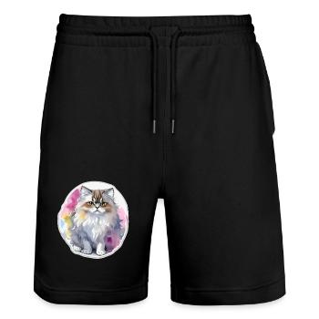 Persian cat - Stanley/Stella Trainer Unisex Organic Jogging Shorts - black - Front - Nik (191cm) & Marisol (170cm)