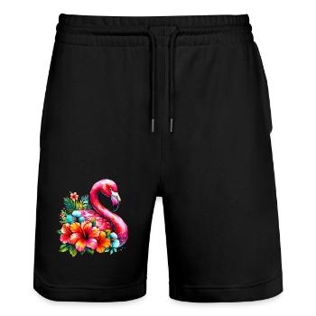 Flamingo decorated with hibiscus flowers - Stanley/Stella Trainer Unisex Organic Jogging Shorts - black - Front - Nik (191cm) & Marisol (170cm)
