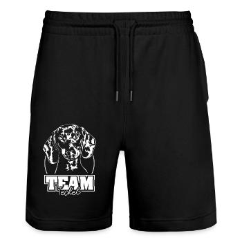 TEAM Teckel Hund Hunde Wilsigns - Stanley/Stella Unisex Bio Joggingshorts Trainer  - Schwarz - Vorne - Nik (191cm) & Marisol (170cm)