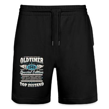 Oldtimer Baujahr 1949 Jahrgang Geburtstag Geschenk - Stanley/Stella Unisex Bio Joggingshorts Trainer  - Schwarz - Vorne - Nik (191cm) & Marisol (170cm)