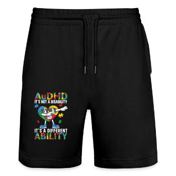 Audhd-disability Autism Adhs - Stanley/Stella Trainer Unisex Organic Jogging Shorts - black - Front - Nik (191cm) & Marisol (170cm)