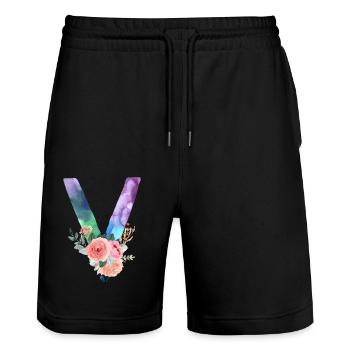 Buchstabe v Aquarell - Stanley/Stella Unisex Bio Joggingshorts Trainer  - Schwarz - Vorne - Nik (191cm) & Marisol (170cm)