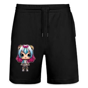 Niedliches Anime Manga Girl - Stanley/Stella Unisex Bio Joggingshorts Trainer  - Schwarz - Vorne - Nik (191cm) & Marisol (170cm)