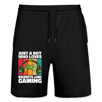 Gamer & Rabbits: Videospiele & Leaping Adventure - Stanley/Stella Unisex Bio Joggingshorts Trainer  - Schwarz - Vorne - Nik (191cm) & Marisol (170cm)