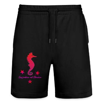 red seahorse with star pink - Stanley/Stella Trainer Unisex Organic Jogging Shorts - black - Front - Nik (191cm) & Marisol (170cm)