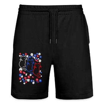 80er 90er Retro Katze Katzen Blumen Blume - Stanley/Stella Unisex Bio Joggingshorts Trainer  - Schwarz - Vorne - Nik (191cm) & Marisol (170cm)
