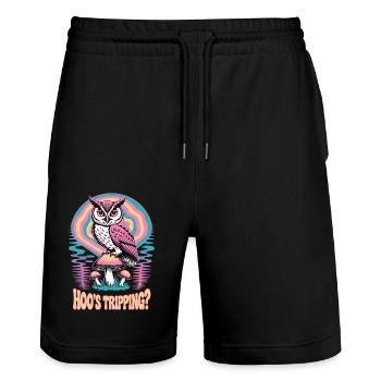 Hoo's Tripping Owl Design - Stanley/Stella Trainer Unisex Organic Jogging Shorts - black - Front - Nik (191cm) & Marisol (170cm)