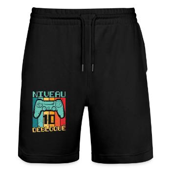 Niveau 10 débloqué Cadeau 10 ans Anniversaire - Short de jogging bio TRAINER Stanley/Stella unisexe - noir - Devant - Nik (191cm) & Marisol (170cm)