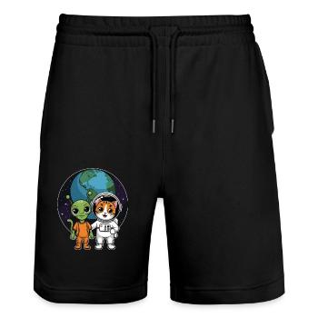Alien And Cat Funny Cat Selfie With Ufos Kawaii - Stanley/Stella Trainer Unisex Organic Jogging Shorts - black - Front - Nik (191cm) & Marisol (170cm)