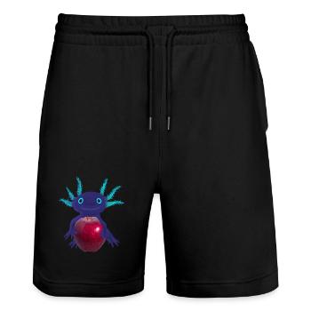 Axolotl bleu avec pomme rouge, dessin à la main - Short de jogging bio TRAINER Stanley/Stella unisexe - noir - Devant - Nik (191cm) & Marisol (170cm)