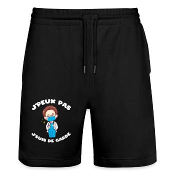 J'peux pas j'suis de garde Humour soignant cadeau - Short de jogging bio TRAINER Stanley/Stella unisexe - noir - Devant - Nik (191cm) & Marisol (170cm)