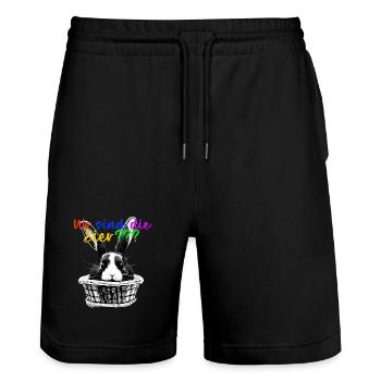 Osterdesign Hase im Korb T-Shirt mit der Frage - Stanley/Stella Unisex Bio Joggingshorts Trainer  - Schwarz - Vorne - Nik (191cm) & Marisol (170cm)