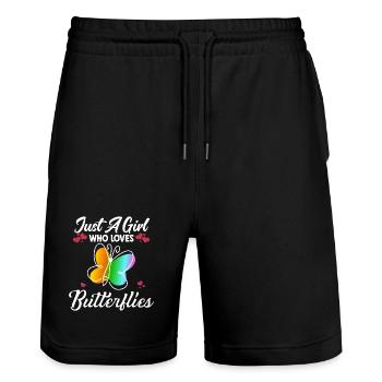 Une seule fille aime les papillons du printemps - Short de jogging bio TRAINER Stanley/Stella unisexe - noir - Devant - Nik (191cm) & Marisol (170cm)