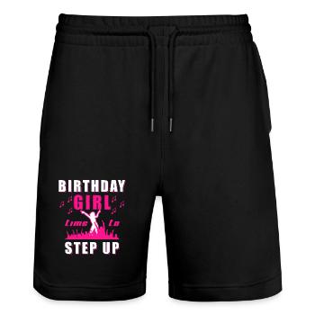 Birthday girl - time to step up - Stanley/Stella Trainer Unisex Organic Jogging Shorts - black - Front - Nik (191cm) & Marisol (170cm)