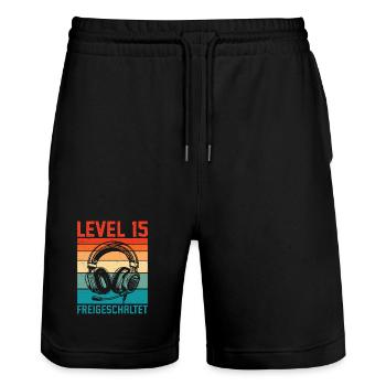 15th Birthday Boys Gamer Level 15 Unlocked - Stanley/Stella Trainer Unisex Organic Jogging Shorts - black - Front - Nik (191cm) & Marisol (170cm)