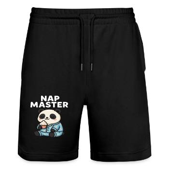 Cute panda bear in pajamas with cupcake - Stanley/Stella Trainer Unisex Organic Jogging Shorts - black - Front - Nik (191cm) & Marisol (170cm)