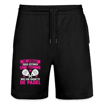  une femme avec une raquette de tennis - Short de jogging bio TRAINER Stanley/Stella unisexe - noir - Devant - Nik (191cm) & Marisol (170cm)