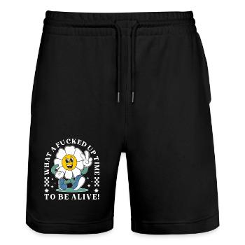 Lustiges Schwarzer Humor Cartoon Blume Design  - Stanley/Stella Unisex Bio Joggingshorts Trainer  - Schwarz - Vorne - Nik (191cm) & Marisol (170cm)