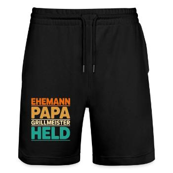 Ehemann Papa Grillmeister Held - Stanley/Stella Unisex Bio Joggingshorts Trainer  - Schwarz - Vorne - Nik (191cm) & Marisol (170cm)