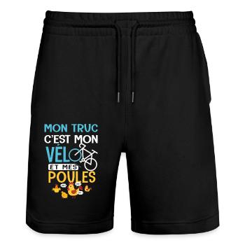 Vélo Mon truc c est mon velo et mes poules velo - Short de jogging bio TRAINER Stanley/Stella unisexe - noir - Devant - Nik (191cm) & Marisol (170cm)
