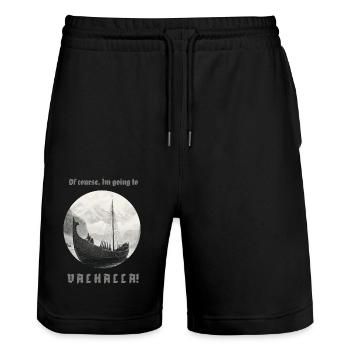 Wikingerschiff fährt nach Walhalla mit Aufschrift - Stanley/Stella Unisex Bio Joggingshorts Trainer  - Schwarz - Vorne - Nik (191cm) & Marisol (170cm)