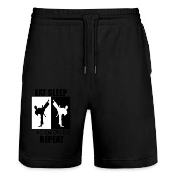 Essen, schlafen, schlafen, taekwondo, wiederholen - Stanley/Stella Unisex Bio Joggingshorts Trainer  - Schwarz - Vorne - Nik (191cm) & Marisol (170cm)