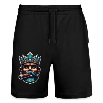 Der Zigarrenkönig mit Krone auf dem Kopf mit Zigarre im Mund - Stanley/Stella Unisex Bio Joggingshorts Trainer  - Schwarz - Vorne - Nik (191cm) & Marisol (170cm)