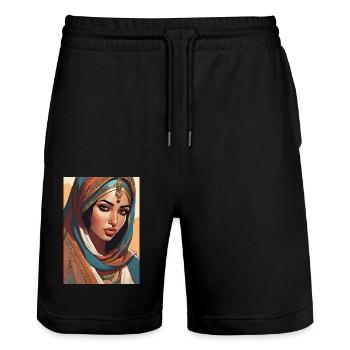 Indische schöne Frau - Stanley/Stella Unisex Bio Joggingshorts Trainer  - Schwarz - Vorne - Nik (191cm) & Marisol (170cm)