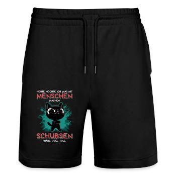 Menschen schubsen: Lustige schwarze Katze mit Plan - Stanley/Stella Unisex Bio Joggingshorts Trainer  - Schwarz - Vorne - Nik (191cm) & Marisol (170cm)