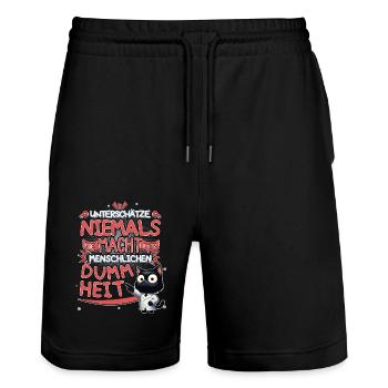 Niemals die Macht der Dummheit unterschätzen - Stanley/Stella Unisex Bio Joggingshorts Trainer  - Schwarz - Vorne - Nik (191cm) & Marisol (170cm)