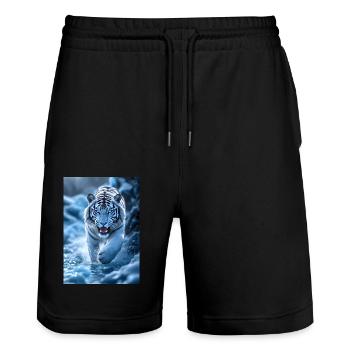 Weisser Tiger läuft durch Bachlauf - Stanley/Stella Unisex Bio Joggingshorts Trainer  - Schwarz - Vorne - Nik (191cm) & Marisol (170cm)