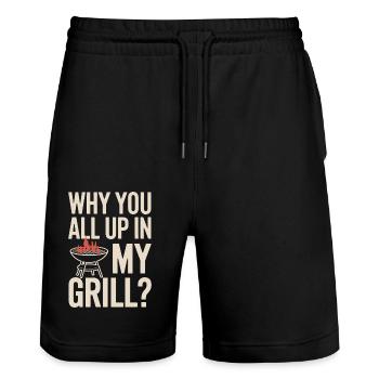 Pourquoi vous êtes tous dans mon gril ? BBQ drôle - Short de jogging bio TRAINER Stanley/Stella unisexe - noir - Devant - Nik (191cm) & Marisol (170cm)