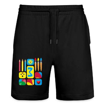 3 / Kindergeburtstags drei mit Herz und Sonne. - Stanley/Stella Unisex Bio Joggingshorts Trainer  - Schwarz - Vorne - Nik (191cm) & Marisol (170cm)