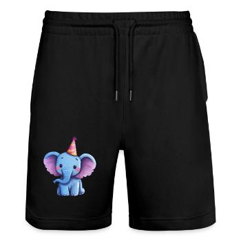 Cute Happy Elephant with Party Hat - Stanley/Stella Trainer Unisex Organic Jogging Shorts - black - Front - Nik (191cm) & Marisol (170cm)